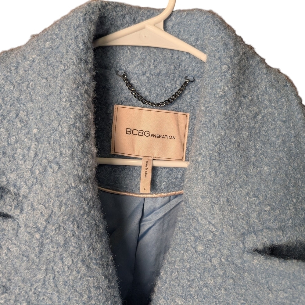 BCBGeneration Light Blue Teddy Jacket Fuzzy Trench Coat NWOT Double Button - Picture 9 of 13